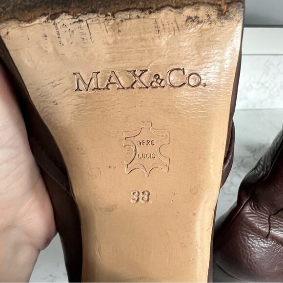 Max & Co Brown Leather Heeled Slouchy Mid Calf Boots Womens size 38 - Picture 10 of 14